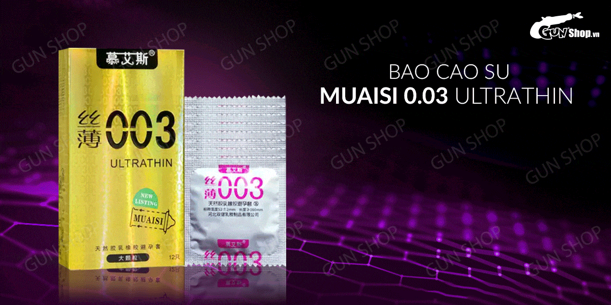 bao cao su Muaisi 0.03 Ultrathin Vàng - Siêu mỏng, có hạt - Hộp 12 cái